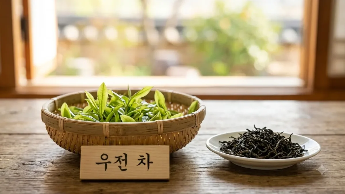 소쿠리에 담긴 찻잎 새싹과 마른 찻잎