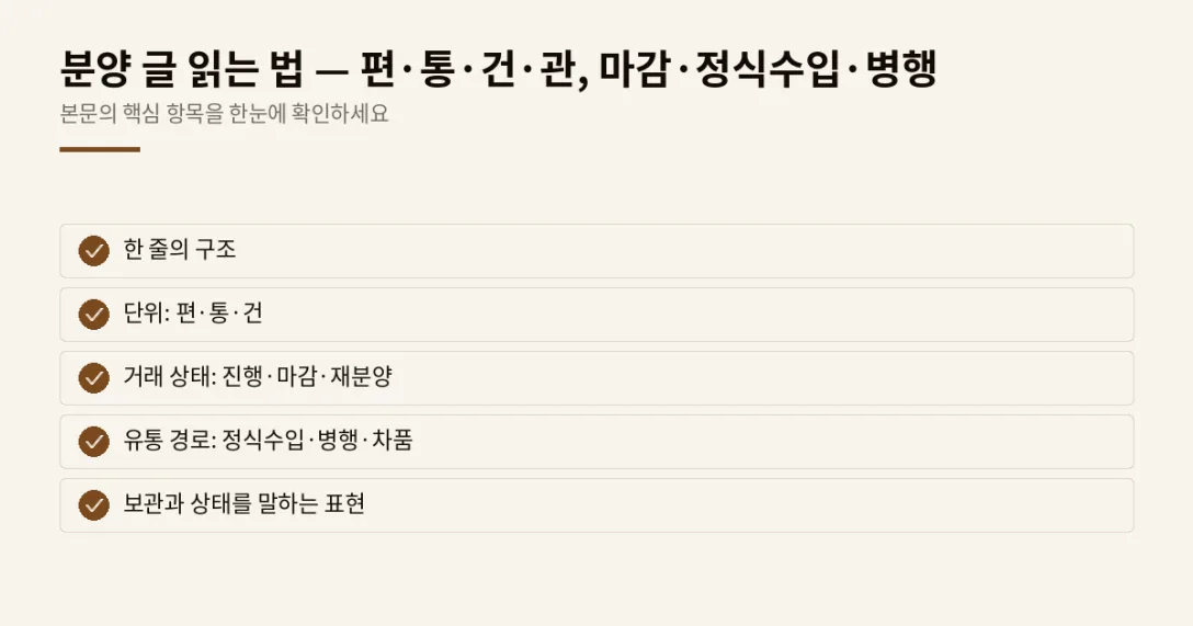 이 글에서 확인할 내용: 한 줄의 구조, 단위: 편·통·건, 거래 상태: 진행·마감·재분양, 유통 경로: 정식수입·병행·차품, 보관과 상태를 말하는 표현