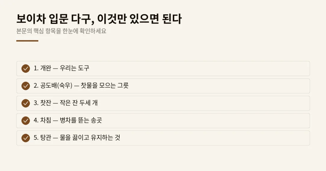 이 글에서 확인할 내용: 1. 개완 — 우리는 도구, 2. 공도배(숙우) — 찻물을 모으는 그릇, 3. 찻잔 — 작은 잔 두세 개, 4. 차침 — 병차를 뜯는 송곳, 5. 탕관 — 물을 끓이고 유지하는 것